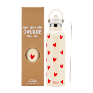 Gourde acier inox, crème coeurs rouges 600ml.