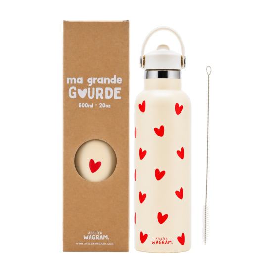 Gourde acier inox, crème coeurs rouges 600ml.