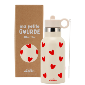 Gourde acier inox, crème coeurs rouges 350ml.