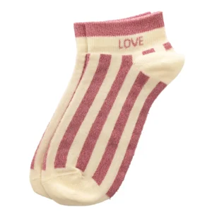 Chaussettes sneakers fantaisie lurex « LOVE » – rayées écru/ rose.