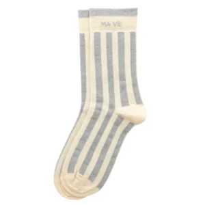 Chaussettes hautes fantaisie lurex « MA VIE » – rayées écru/ gris.
