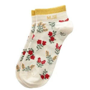 Chaussettes sneakers fantaisie lurex « MUSE » – fleurs rouges.