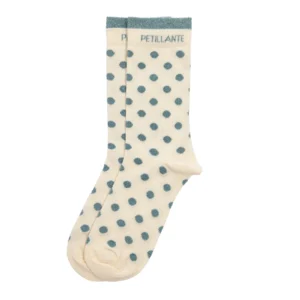 Chaussettes hautes fantaisie lurex « PÉTILLANTE » – pois écru/ vert de gris.