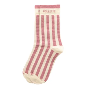 Chaussettes hautes fantaisie lurex « POULETTE » – rayées écru/ rose.