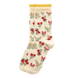 Chaussettes hautes fantaisie lurex « RAYONNANTE » – fleurs rouges.