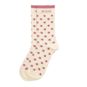 Chaussettes hautes fantaisie lurex « RÊVEUSE » – pois écru/ rose.