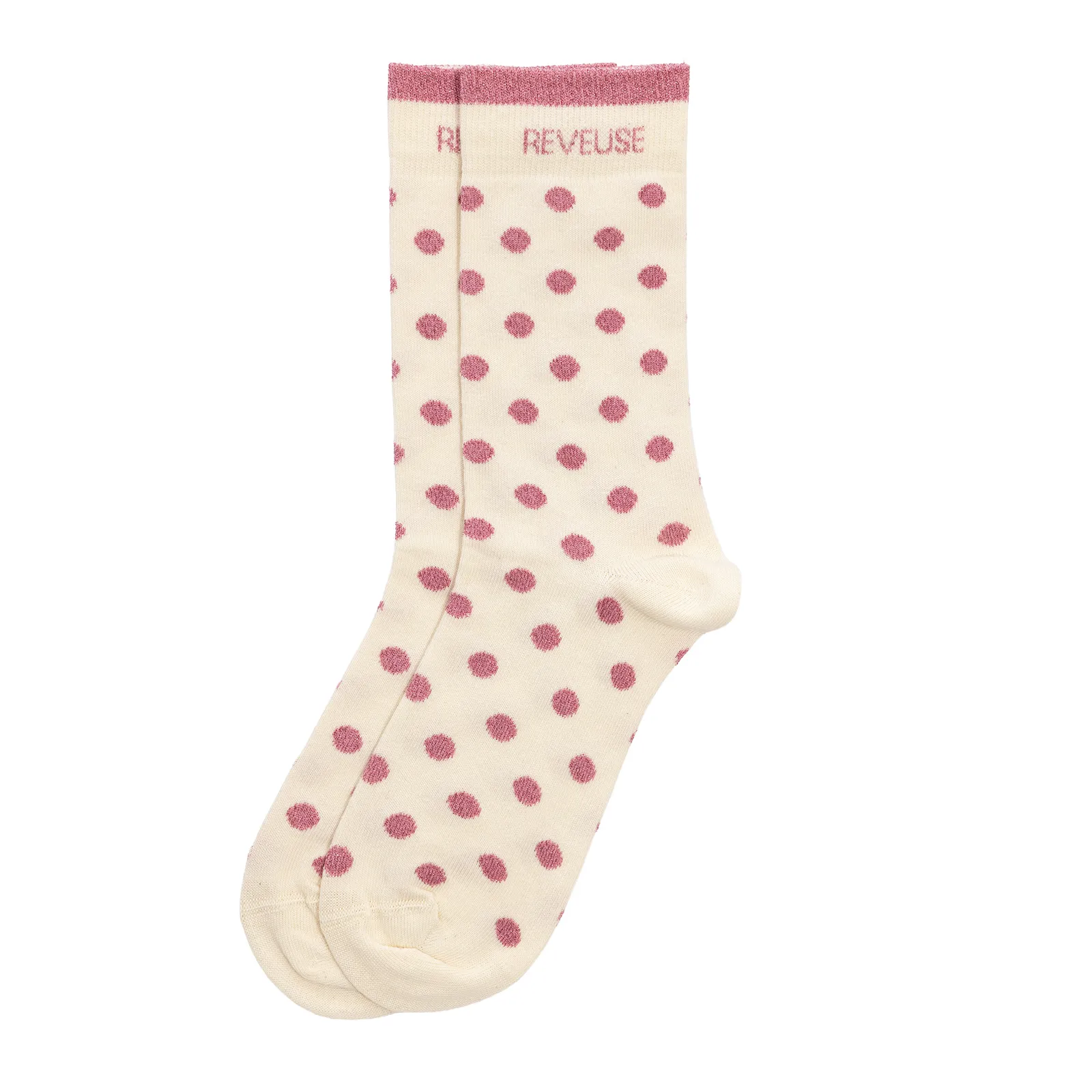 Chaussettes hautes fantaisie lurex "RÊVEUSE" – pois écru/ rose.