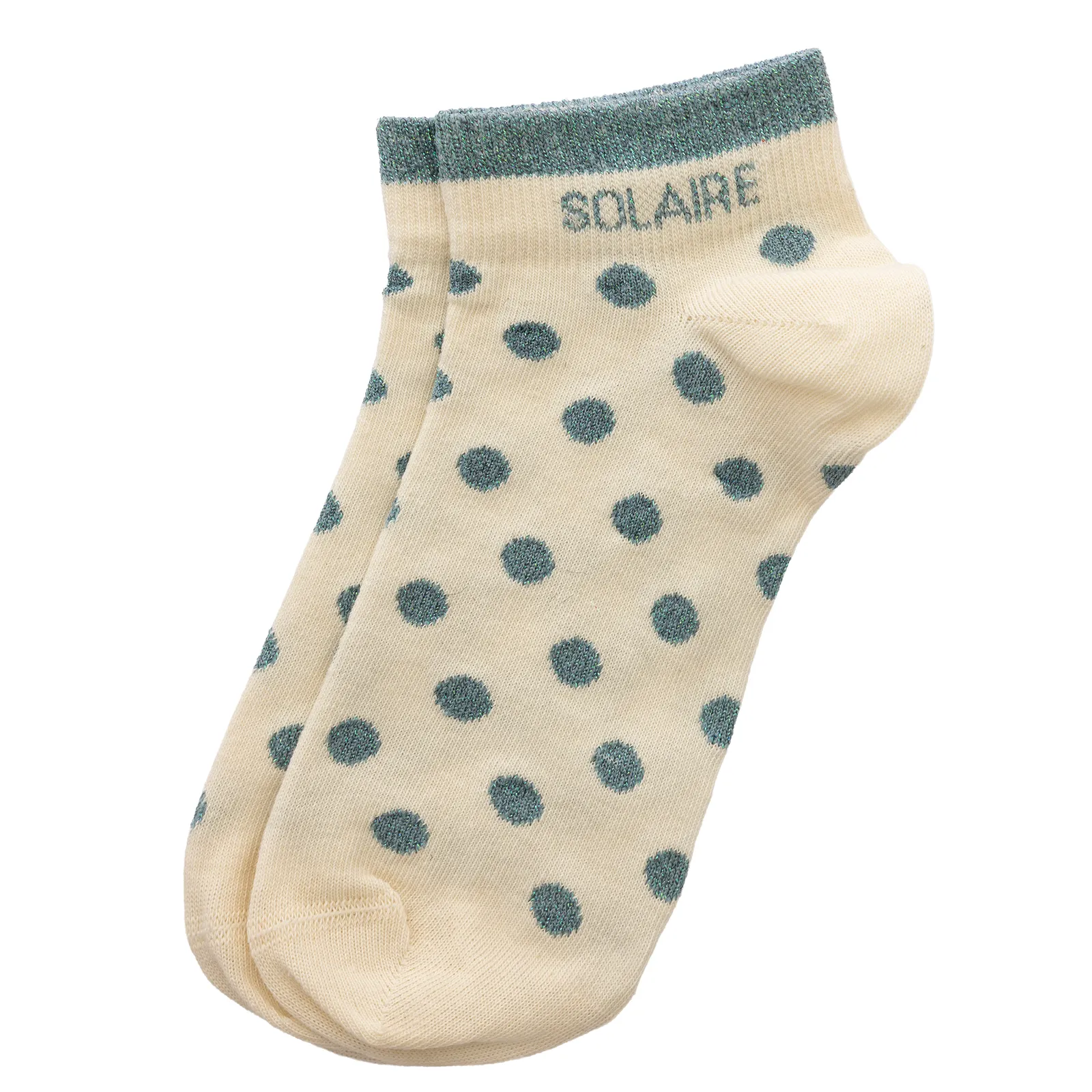 Chaussettes sneakers fantaisie lurex "SOLAIRE" – pois écru/ vert de gris.