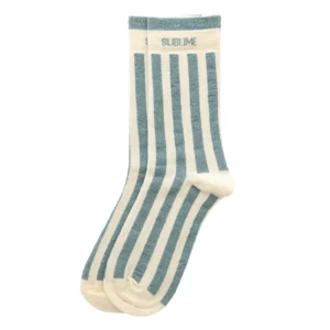 Chaussettes hautes fantaisie lurex « SUBLIME » – rayées écru/ vert de gris.