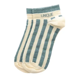 Chaussettes sneakers fantaisie lurex « UNIQUE » – rayées écru/ vert de gris.