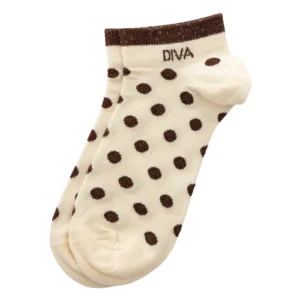 Chaussettes sneakers fantaisie lurex « DIVA » – pois écru/ chocolat.
