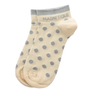 Chaussettes sneakers fantaisie lurex « MAGNÉTIQUE » – pois écru/ gris.