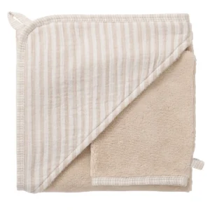 Cape de bain + gant – éponge bambou gaze rayé – Galet.
