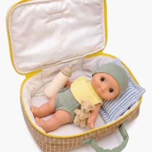 Minikane Poupon Mini Pancha Basile et sa valisette Kit de Naissance rayée bleu.