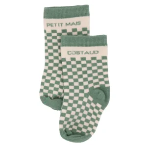 Chaussettes bébé damier bambou « Petit mais Costaud » Vert de gris 6-18M.